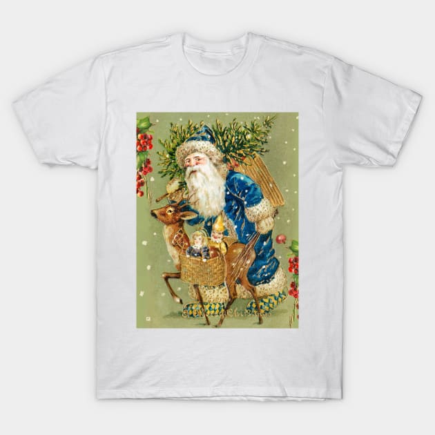 SANTA WITH DEER AND CHRISTMAS GIFTS IN WINTER SNOW T-Shirt by BulganLumini